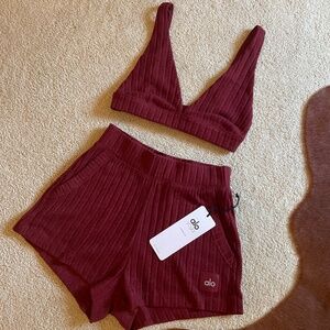 Alo Yoga Take Comfort Ribbed Shorts And Top In Cranberry